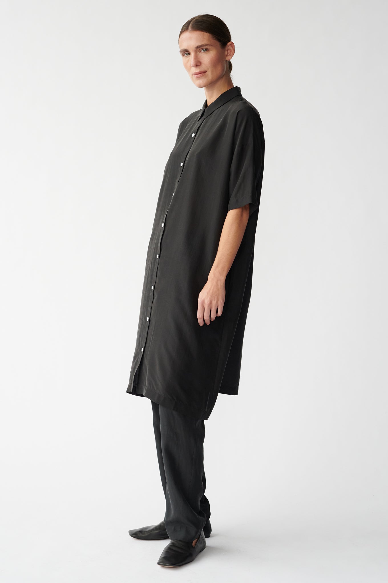 BIANCA SS SHIRT DRESS - BLACK - RECYCLED SILK/SILK