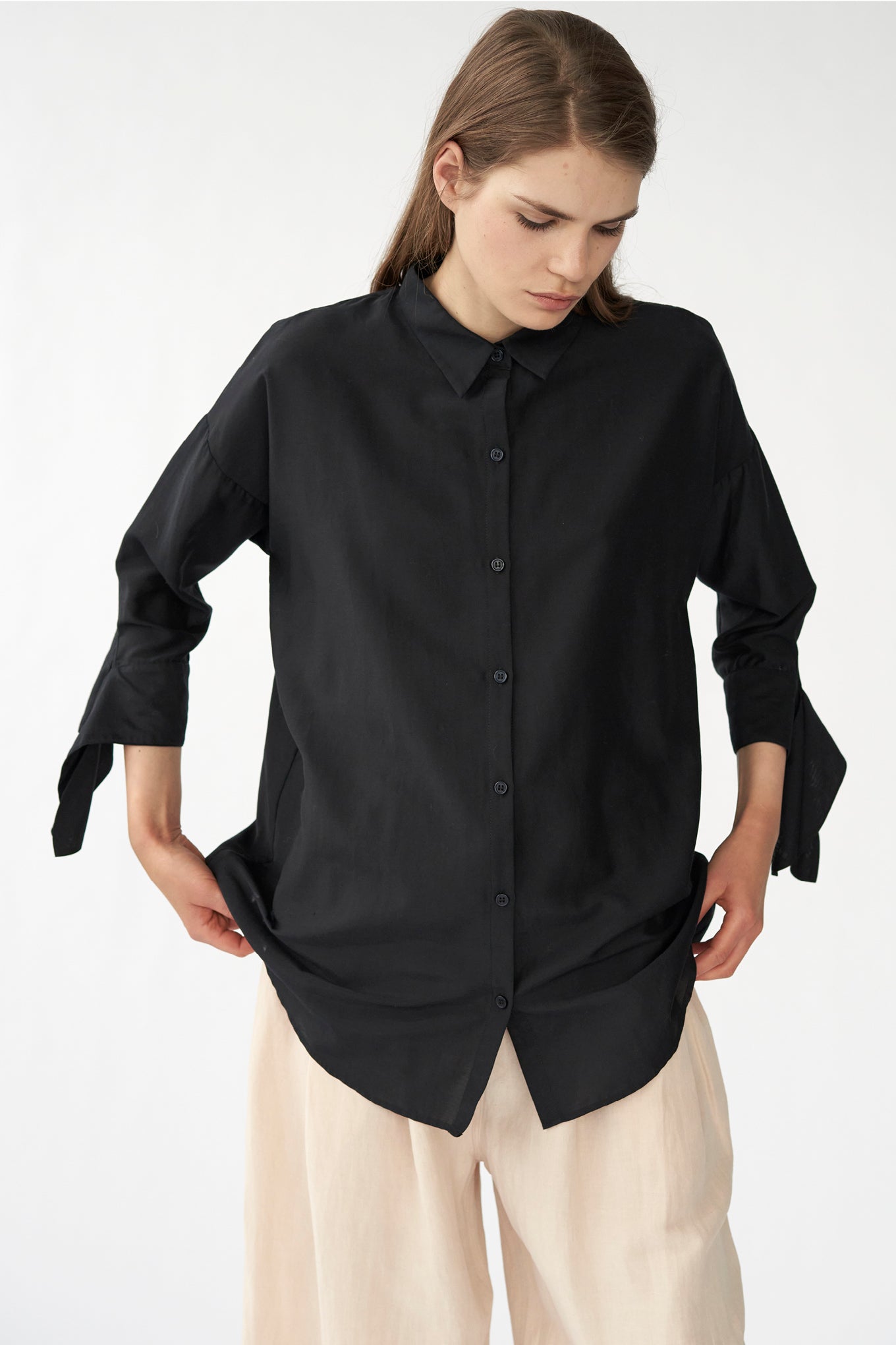 BIANCA BOW SHIRT - BLACK - SILK/COTTON