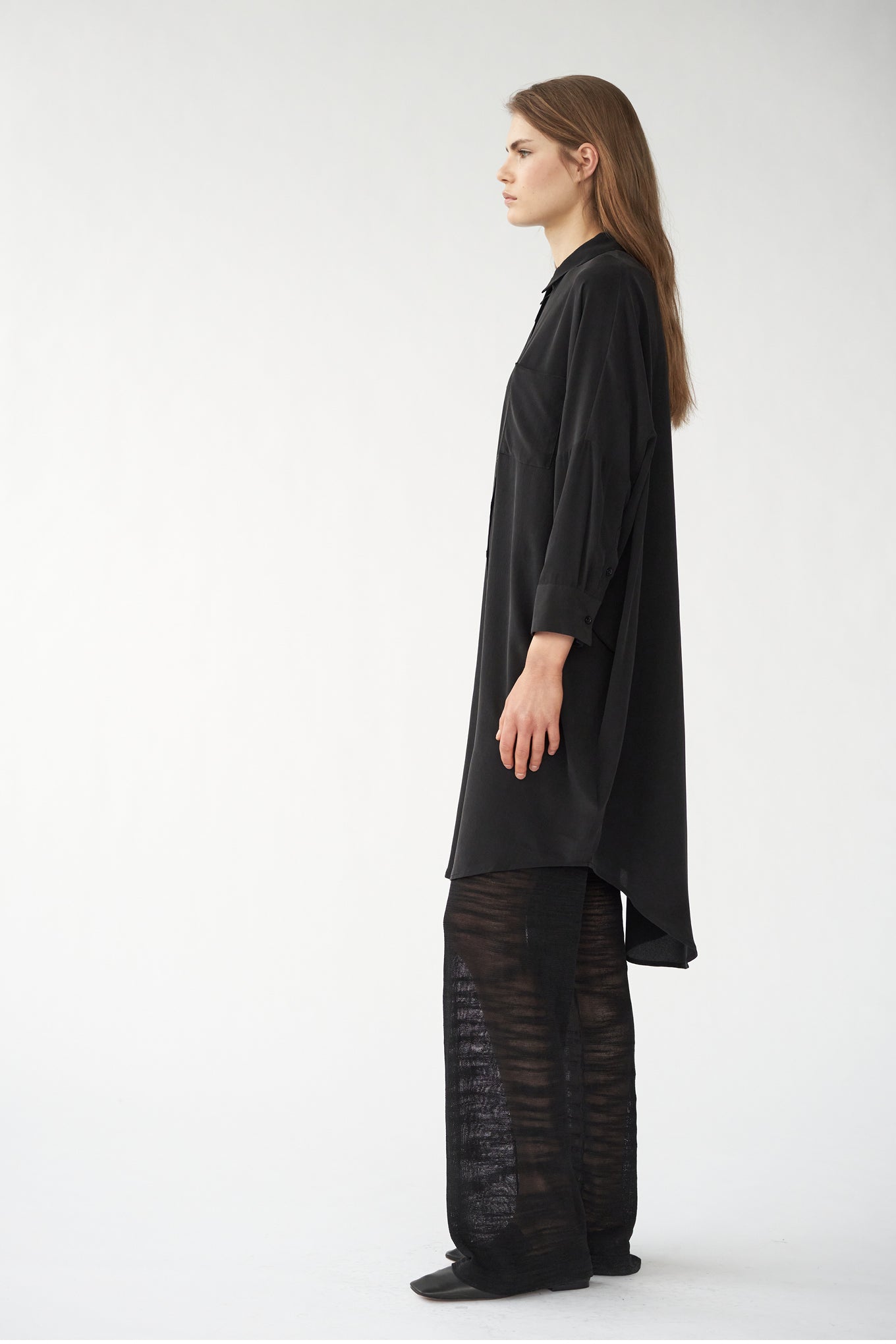 OVERSIZE SHIRT DRESS - BLACK - SAND WASHED CREPE DE CHINE